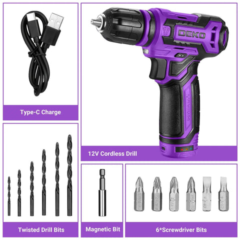 Cordless Drill 12V Power Drill Set With LED Light 800 RPM Small Drill With Three Eighths Inch Keyless Chuck Portable Tool Kit In Purple Gift Box