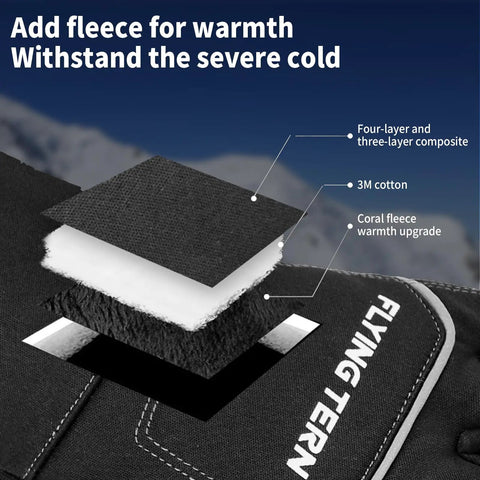 Layers of black, white, and fleece material labeled with 3M cotton on a Waterproof Thermal Ski Gloves With 3M Thinsulate Insulation.