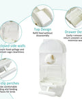Hassle Free Spill Proof Automatic Bird Feeder For Cage with enclosed side walls, non-slip perches, and drawer for easy cleaning.