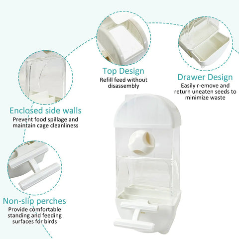 Hassle Free Spill Proof Automatic Bird Feeder For Cage with enclosed side walls, non-slip perches, and drawer for easy cleaning.