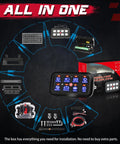 Components of 8 Gang Switch Panel 12V 24V Dimmable Strobe Momentary Universal Circuit Control Box for vehicles shown in packaging.