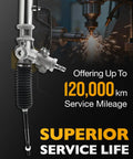 Direct Fit Hydraulic Power Steering Rack And Pinion For 1993 to 2002 Toyota Corolla 1994 to 1996 Corolla Wagon 1998 to 2002 Chevy Prizm 1993 to 1997 Geo Prizm Replacement Gear Assembly 26 to 1963 4550329365 4425002020 Drop In with service life text and manufacturing backdrop.