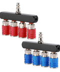Two aluminum Four Way Air Manifold Splitter With Four Quick Connect Couplers And One Quarter Inch MNPT Plug, red and blue fittings.