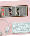 Straight Up Premium Wooden Eyewear Display Tray With Soft Protective Lining For Sunglasses Glasses And Jewelry Storage stylishly organizing sunglasses on pink desk.