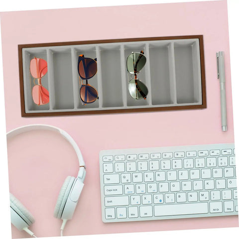 Straight Up Premium Wooden Eyewear Display Tray With Soft Protective Lining For Sunglasses Glasses And Jewelry Storage stylishly organizing sunglasses on pink desk.