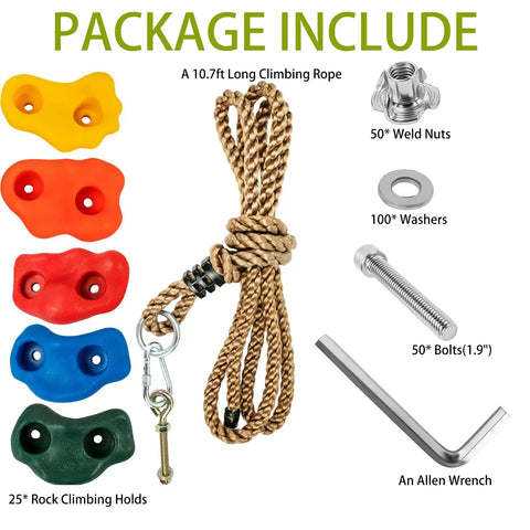 25 Pack Rock Climbing Holds Kit With Multi Color Grips And Mounting Hardware Includes 10.7 Feet Rope Nuts Bolts Washers And Wrench