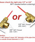 Brass LECLOC RV water heater relief valve with red lever, showing 1/2 in and 3/4 in NPT threaded ends.