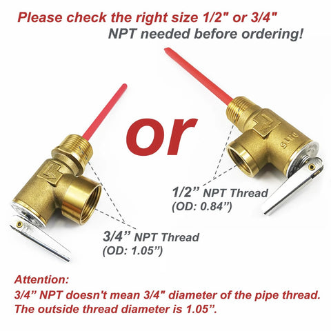 Brass LECLOC RV water heater relief valve with red lever, showing 1/2 in and 3/4 in NPT threaded ends.