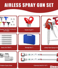 Nifty 16 Piece Airless Paint Sprayer Gun Kit With 3600 Psi Pressure, Five Reversible Tips, Twin Wands, Tight Swivel Fit, And Durable Hard Shell Case For Hella Smooth Wall And Trim Painting Sessions displayed in various components.