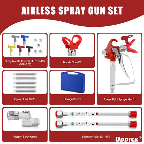 Nifty 16 Piece Airless Paint Sprayer Gun Kit With 3600 Psi Pressure, Five Reversible Tips, Twin Wands, Tight Swivel Fit, And Durable Hard Shell Case For Hella Smooth Wall And Trim Painting Sessions displayed in various components.