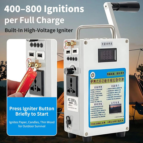 Hand Crank Portable Power Station With USB And AC Outlet No Fuel Needed Emergency Backup Generator For Camping Outdoor Prep Off Grid Power Anywhere Reliable with built-in igniter and USB ports displayed outdoors.
