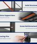 71 Inch Wide Monster Grade Heavy Duty Garage Storage Shelves With 5000 Lbs Capacity, 4 Adjustable Steel Shelves, Utility Rack For Basement, Warehouse, And Industrial Uses, Rugged Metal Organization Unit close-up of steel frame, support bars, and locking pins