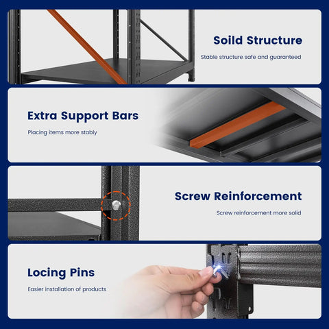 71 Inch Wide Monster Grade Heavy Duty Garage Storage Shelves With 5000 Lbs Capacity, 4 Adjustable Steel Shelves, Utility Rack For Basement, Warehouse, And Industrial Uses, Rugged Metal Organization Unit close-up of steel frame, support bars, and locking pins