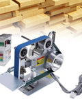 Built Like A Tank Industrial Grade Electric Belt Sander Featuring One By Thirty Inch Abrasive Belt All Steel Galvanized Frame on a bench with wood backdrop.