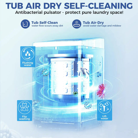 Heavy Duty Portable Washer With Slow Close Glass Lid Compact 20 Lbs Laundry Machine For Dorms And Tiny Apartments showing tub air dry self-cleaning feature.