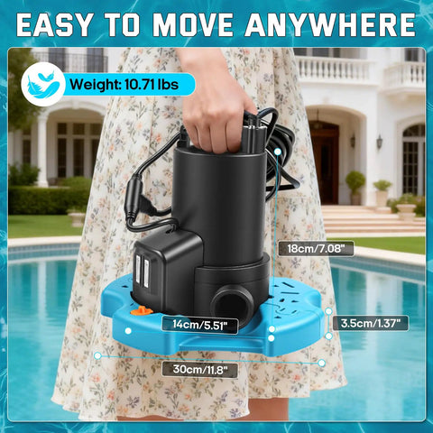 One Third Horsepower Submersible Pool Pump Workhorse With 3035 GPH Flow Filter Net Twenty Five Foot Power Cord Check Valve displayed.