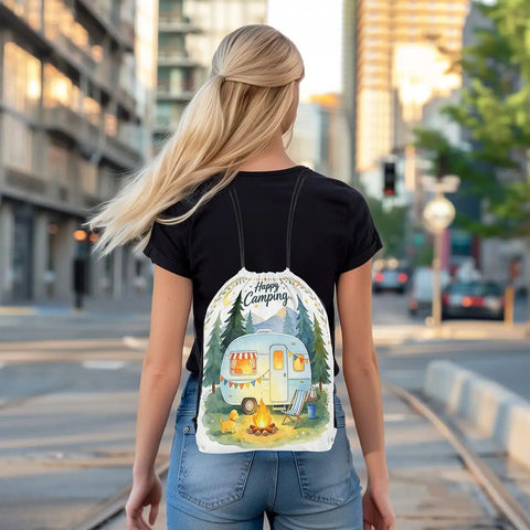 Water Resistant Drawstring Backpack 13x16 Inch Lightweight Gym Sack For Women And Men Green Beach Bag with camper design in city street