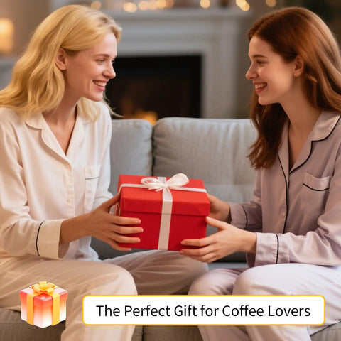 Two women exchanging a gift box, labeled as "The Perfect Gift for Coffee Lovers," on a cozy couch.