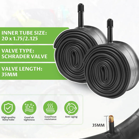 2 Pack 20 Inch Bike Tires Set With 20x2.1 And 20x2.0 Inner Tube Options, Schrader Valve 48mm, black inner tubes with specs
