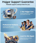 Mojgar Support Guarantee with ice maker image, showcasing 1 Year Care, Professional Guidance, and Local On-Site Repair