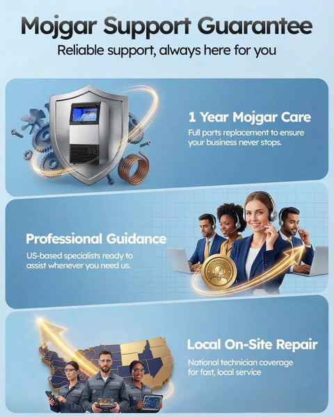 Mojgar Support Guarantee with ice maker image, showcasing 1 Year Care, Professional Guidance, and Local On-Site Repair