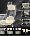 Ergonomic features of 600Lbs Big And Tall Heavy Duty Office Chair With 5D Flip Arms Pocket Spring Cushion High Back Ergonomic Desk Chair With Lumbar Support Dual Rubber Wheels Extra Plush Padding For All Day Comfort, showing soft headrest, adjustable lumbar support, and pocket spring cushion for comfort.