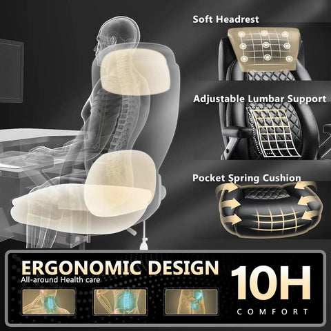 Ergonomic features of 600Lbs Big And Tall Heavy Duty Office Chair With 5D Flip Arms Pocket Spring Cushion High Back Ergonomic Desk Chair With Lumbar Support Dual Rubber Wheels Extra Plush Padding For All Day Comfort, showing soft headrest, adjustable lumbar support, and pocket spring cushion for comfort.