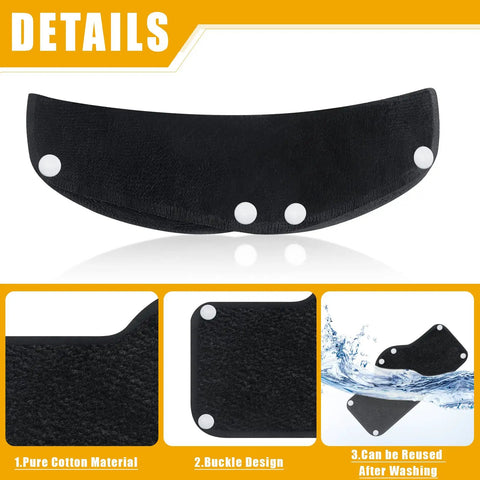 Black cotton sweatband liner for hard hats, showing detail of buckles and washability, Bulk 50 Pack Hard Hat Sweatband Liners Cotton.
