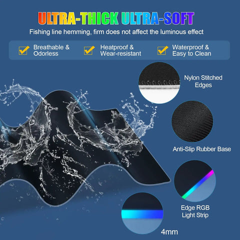 Waterproof wireless charging desk pad material features with anti-slip rubber base and RGB lighting for home office