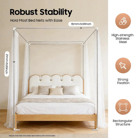 Hella Sturdy Queen Size Canopy Bed Frame Posts With Four Corner Stainless Steel Brackets For Universal Metal Wood Bedroom Setup That Gonna Look Dang Amazing And Built To Last Way Longer showcasing stainless steel frame and strong fixation.
