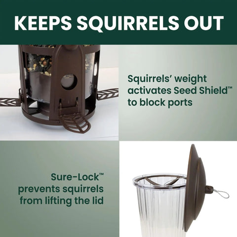 Squirrel Be Gone Max Bird Feeder with Four Flexport Feeding Stations, weight activation and Sure-Lock system, metal, outdoor use.