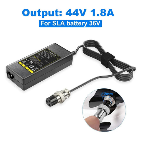 44 Volt 1.8 Amp Universal Charger For 36 Volt SLA Batteries with three prong female connector for electric scooters and ATVs.