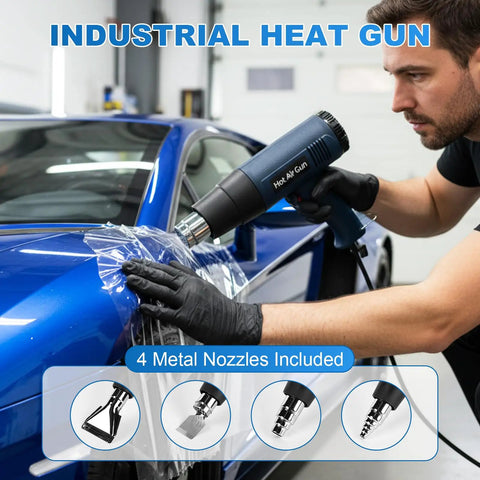 Man using Powerful 1800W Heat Gun For Crafting With Adjustable 122F To 1202F Temperature on blue car, nozzles visible.