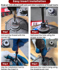 Illustration of easy insert installation steps using complete 131 piece thread repair kit with HSS drill bits taps and inserts.