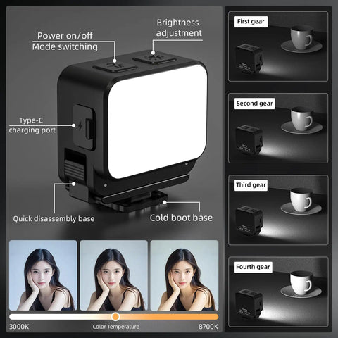 Lil Portable Mini LED Video Light For Action Cameras, interface with controls, color temperature settings, and brightness levels visible.