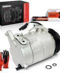 Top Notch AC Compressor With Clutch Fits Cadillac Escalade Models 2021 Through 2024 3.0L And 6.2L Engines, silver compressor with installation tools.