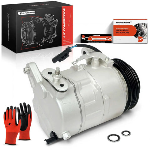 Top Notch AC Compressor With Clutch Fits Cadillac Escalade Models 2021 Through 2024 3.0L And 6.2L Engines, silver compressor with installation tools.