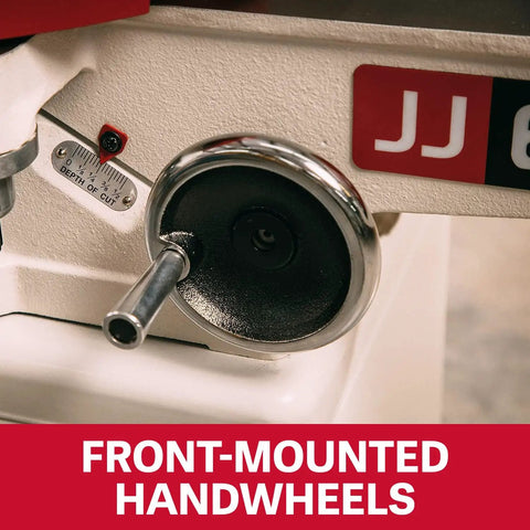 Close-up of front-mounted handwheels on Six Inch Long Bed Jointer Featuring Helical Cutterhead And 27 Carbide Inserts.