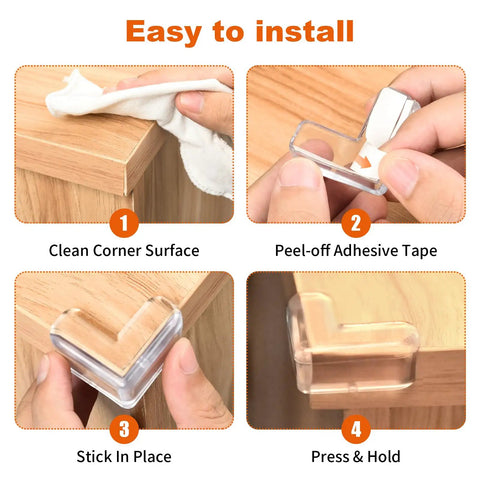 Easy installation of thickened corner guards for baby proofing edges and sharp tables with clear silicone corner protectors.