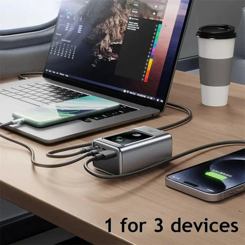 Rugged 35 Watt Fast Charging Power Battery Case With Type C And Usb Ports For Phones Laptops charging three devices on a table.