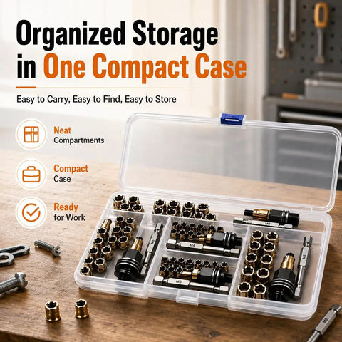 Zero Hassle Carbon Steel Rivet Nut Tool Set Loaded With M3 Through M8 Metric Heads in compact storage case with organized compartments.