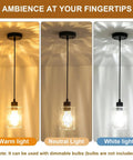 Two Pack Black Hammered Glass Pendant Lights With Adjustable Cords For Kitchen Island, showing warm, neutral, and white lights.