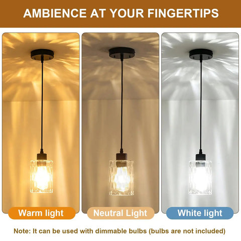 Two Pack Black Hammered Glass Pendant Lights With Adjustable Cords For Kitchen Island, showing warm, neutral, and white lights.