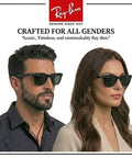 Two models wearing RB4340 Square Shape Non Polarized Sunglasses For Men And Women With G Fifteen Green Lens Includes Official Eyewear Kit.