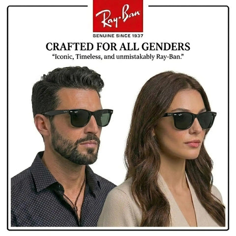Two models wearing RB4340 Square Shape Non Polarized Sunglasses For Men And Women With G Fifteen Green Lens Includes Official Eyewear Kit.