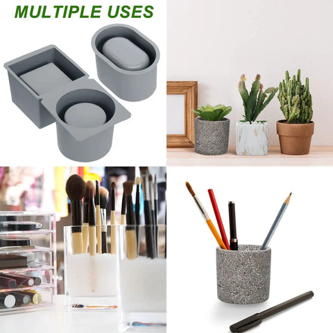 3 Pack Concrete Molds For Planters, Silicone Mold Set For Cement Pots, DIY Succulent Pots, shown with makeup brushes and plants
