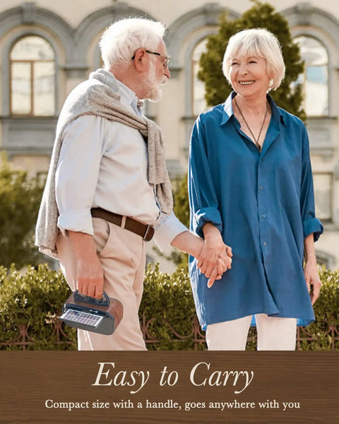 Man holding J-150 Portable Radio AM FM SW Bluetooth Speaker With Retro Vintage Transistor Look walking with woman