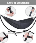 Heavy Duty Hammock Stand With Portable Foldable Patio Hammock For Backyard Or Deck, Sturdy Steel Frame With Non Slip Feet, Supports Up To 475 Lbs, Fits 2 To 3 People, Dark Gray Outdoor Lounging, easy assembly shown in steps
