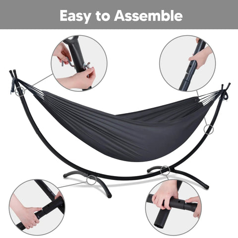 Heavy Duty Hammock Stand With Portable Foldable Patio Hammock For Backyard Or Deck, Sturdy Steel Frame With Non Slip Feet, Supports Up To 475 Lbs, Fits 2 To 3 People, Dark Gray Outdoor Lounging, easy assembly shown in steps