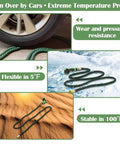 5 Gallon Nursery Pots 20 Pack With 50 Foot Garden Hose And Spray Nozzle Plus 3 In 1 Soil Tester Moisture Light pH All In One Indoor Outdoor Gardening Kit demonstrating hose durability in extreme temperatures and under car tire.